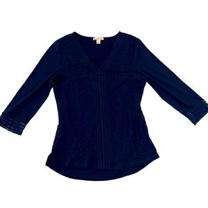 C.B. Banks V Neck Blue Long Sleeve crochet Lace Shirt pullover